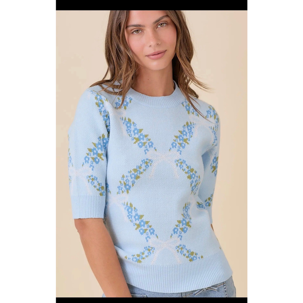Mainstrip| Blue Floral Knit Jacquard Sweater Top | NWT| Size Sm-lg
